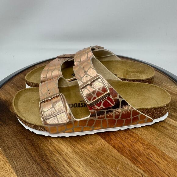 Birkentstock Arizona Gator Gleam Copper Slides Narrow Size EU 38/US Women's 7 - Picture 3 of 7